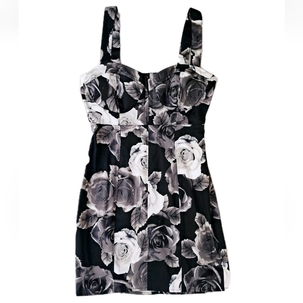Bebe 2B Black & White Rose Mini Dress | Open Back | Y2K | Size M